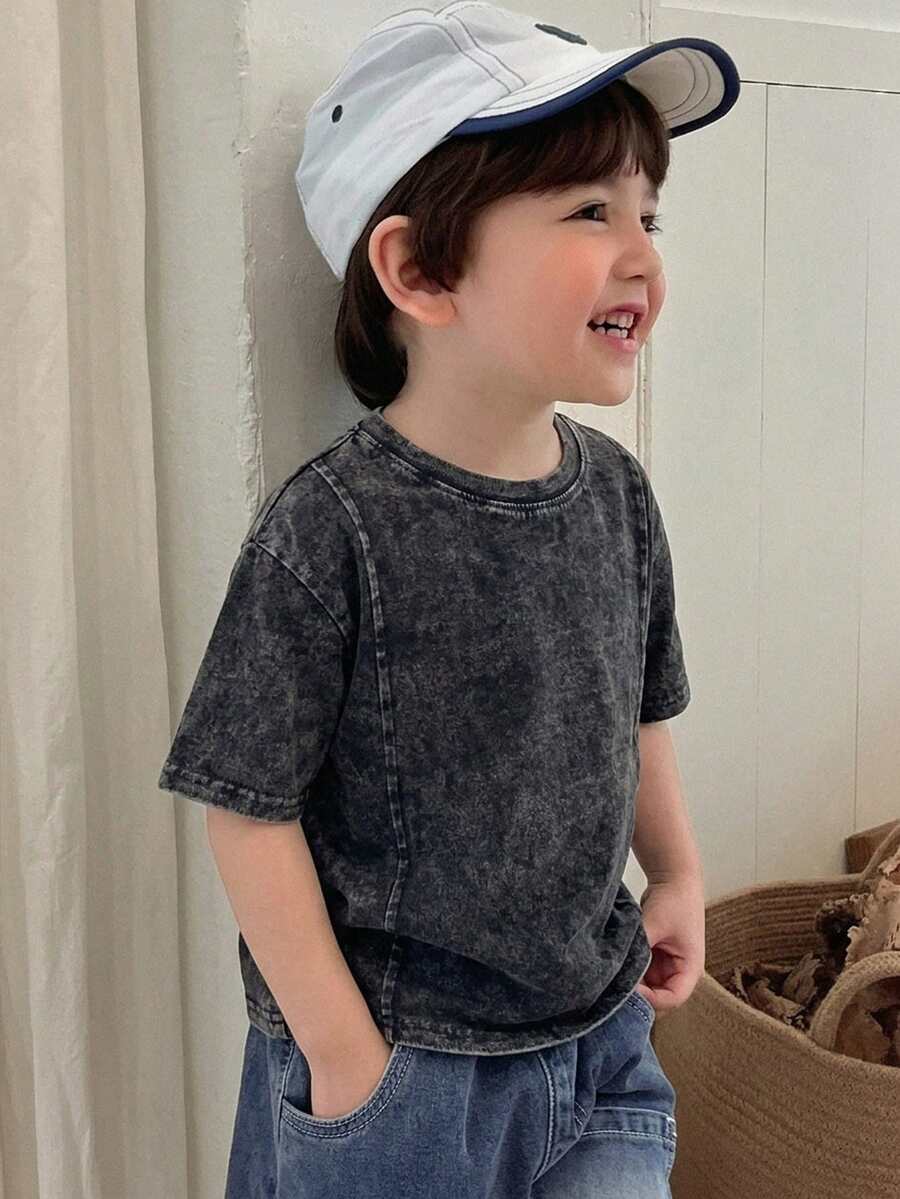 Hapijoa Young Boy Solid Color Round Neck Casual Versatile Daily Wear Short Sleeve T-Shirt - Dark Grey - View 1