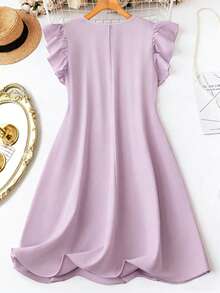 SHEIN LUNE 优雅通勤休闲女装，畅销花卉图案，百搭舒适V领荷叶袖中长连衣裙，白色，大码，适合春、夏、秋季穿着。 - 淡紫色 - 查看 2