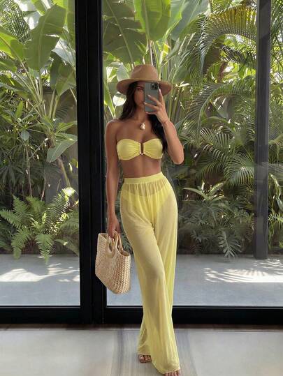 Swim SXY 3pcs/Set New Yellow Bandeau Top, Triangle Bottoms, And Mesh Beach Pants, Sexy Casual Holiday Party Swimsuit, Bikini Set For Women