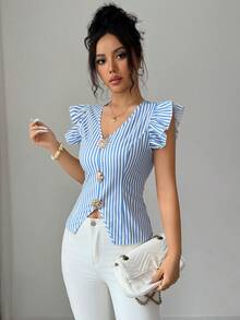 SHEIN Franclia 女士金属太阳装饰条纹荷叶袖衬衫 - 藍白色 - 查看 4