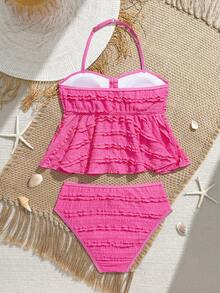 SHEIN Đồ bơi Tankini cho bé gái tuổi teen, đồ bơi xẻ tà màu đỏ hồng tươi sáng với họa tiết xếp nếp nhiều lớp, áo hai dây buộc cổ và quần cạp cao, bộ hai mảnh nhanh khô, thoáng khí, thích hợp cho bé gái lớn đi biển, chơi đùa dưới nước, đồ bơi một mảnh màu hồng, đồ bơi cho tuổi teen, đồ bơi che phủ toàn thân cho bé gái tuổi teen, trang phục đi biển cho bé gái, trang phục nghỉ hè cho bé gái. - Màu Hồng Tươi - Xem 2