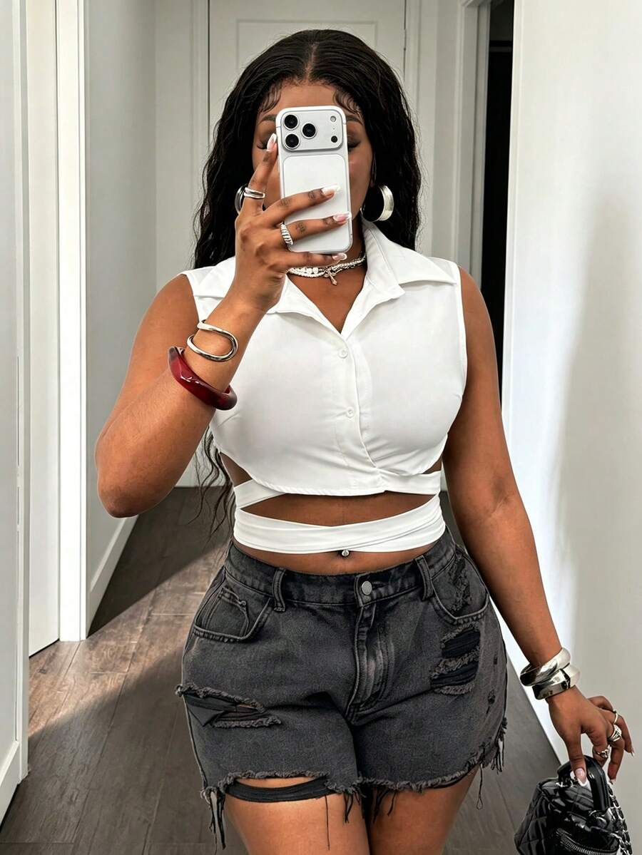 Glyssa Blusa corta sin mangas con cuello de camisa y cintura con lazo para mujer - Blanco - Ver 1