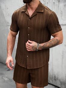 Manfinity Homme Men's Fashion Striped Single-Breasted Shirt And Drawstring Waist Casual Shorts Set - Multicolor - View 6