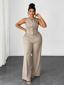 Maweii Plus Size Casual Wide Leg Sleeveless Business/Commute Romantic 2 Pieces Set Gym Brown Summer - Khaki - View 5