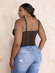 CurvyTilda Plus Lace Panel Bustier Cami Top, For Hourglass Body Shape, For Body Shape, For Summer - Black - View 2