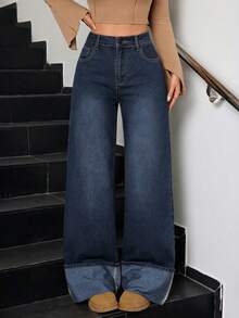 SHEIN Tall Quần jeans ống rộng nữ mùa đông, kiểu dáng vintage, thời trang, có gấu quần xắn lên, chất liệu denim mài bạc, phong cách thanh lịch. - Rửa tối - Xem 7