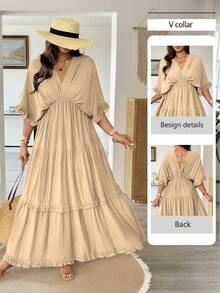 Vionelle Plus Size Solid Color Romantic Ruffle Trim Regular Dress, Spring/Summer - Khaki - View 1