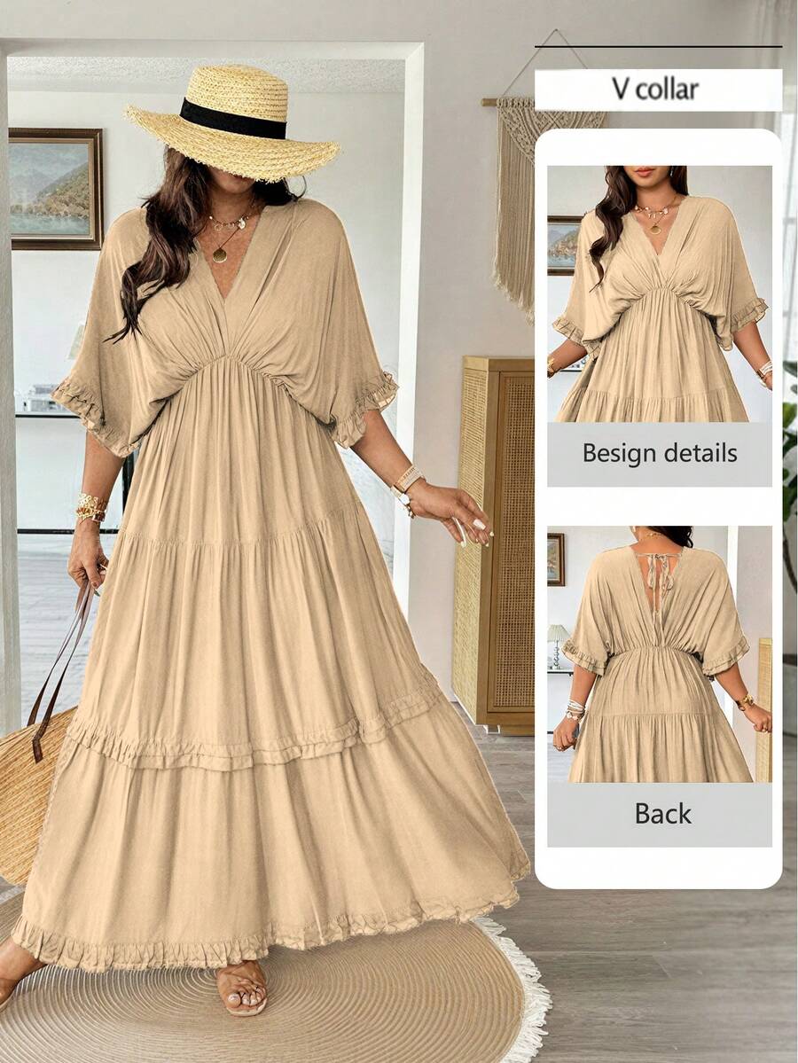 Vionelle Plus Size Solid Color Romantic Ruffle Trim Regular Dress, Spring/Summer - Khaki - View 1