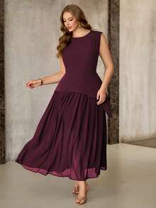 Roveilla Robe longue femme grande taille en vert olive, patchwork en tissu avec doublure en mousseline, col rond, sans manches, épaules plissées, ourlet asymétrique. Élégante, style romantique français vintage, polyvalente pour le travail, la plage, les fêtes. Nouvelle arrivée pour le printemps-été. - Bordeaux - Voir 7