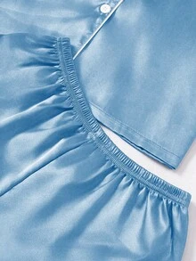 SHEIN 3 Stücke Kontrast-Besatz einfarbiger Faux-Seide Pyjama Set für Frauen - Babyblau - Übersicht 6