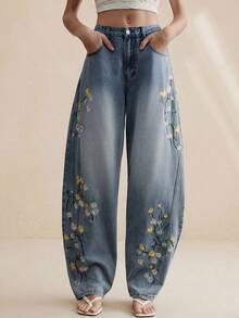 Anewsta Quần jeans ống loe màu xanh dương sang trọng thêu hoa dành cho nữ, thích hợp cho mùa xuân/hè, phong cách lãng mạn, dự tiệc hoặc đi nghỉ mát. - Màu xanh lam - Xem 3