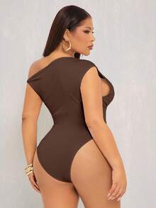 Radiana Chic One Shoulder Sleeveless Bodysuit For Plus Size Women Fashionable Brown Shapewear - Brown - View 2