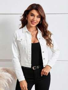 EMERY ROSE EMERY ROSE Jaket Denim Pendek Warna Polos Kasual Serbaguna untuk Wanita - Putih - View 6