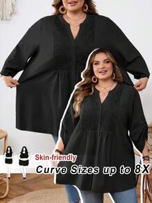 SHEIN CURVE+ Curve Size US22Music Festival, Seaside Vacation, Bohemia Casual Solid Color Lace Patchwork Front Button Loose Blouse - Black - View 1