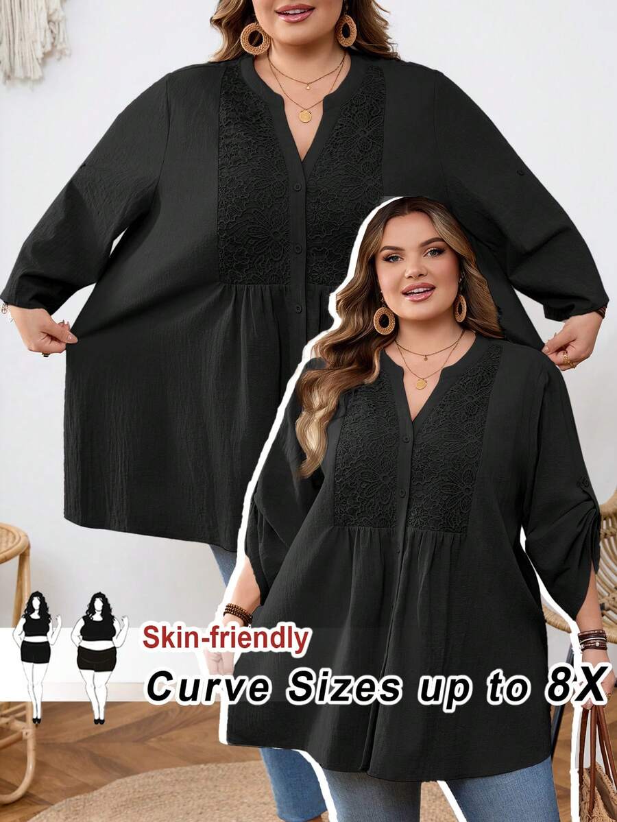 SHEIN CURVE+ Curve Size US22Music Festival, Seaside Vacation, Bohemia Casual Solid Color Lace Patchwork Front Button Loose Blouse - Black - View 1