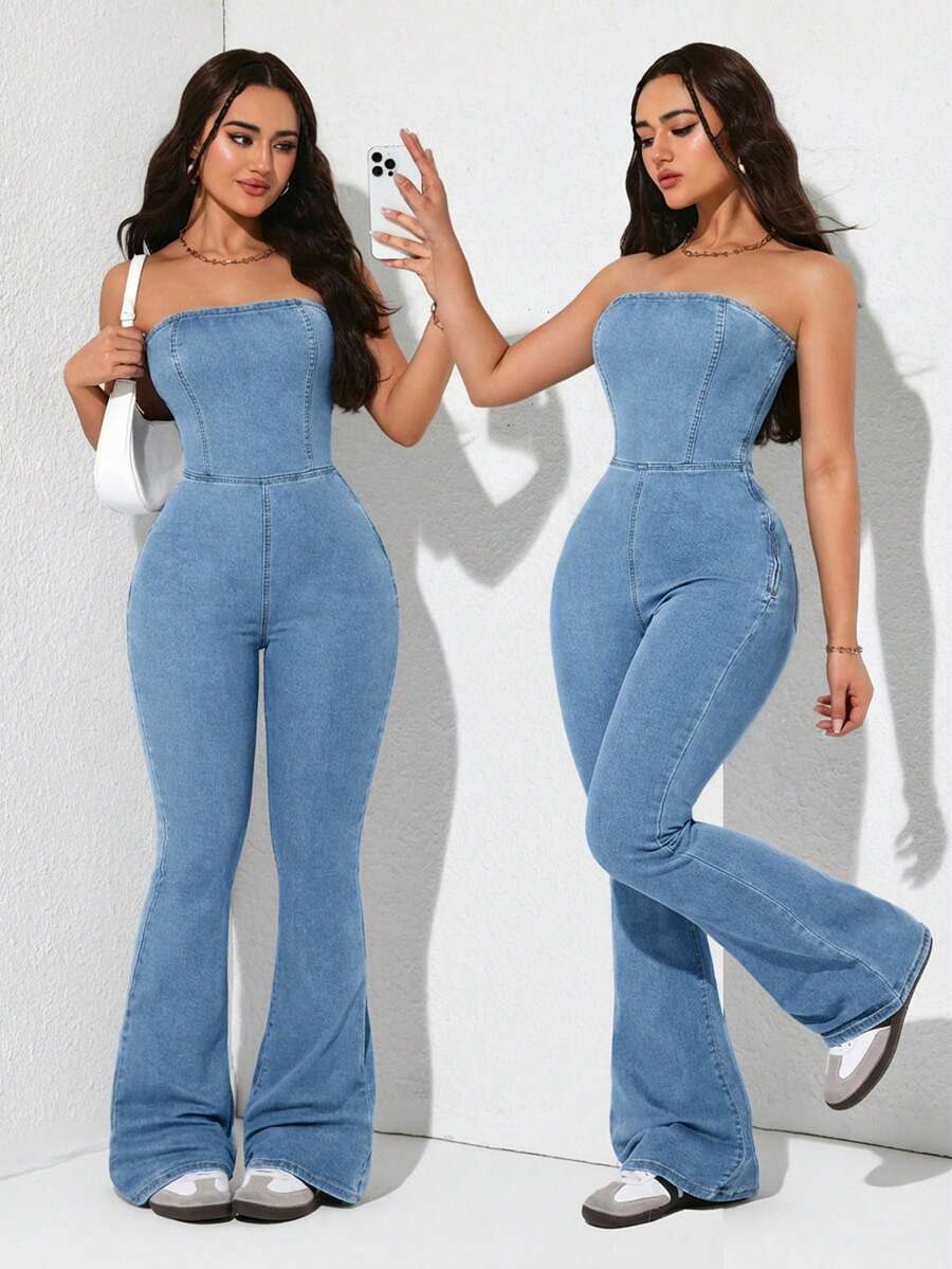 Rivivi Bộ áo liền quần denim nữ kiểu dáng thường ngày, có dây đeo vai. - Màu xanh lam - Xem 1