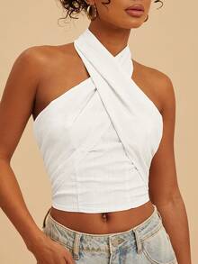 Travachic Women's Solid Color Woven Halter Neck Camisole, Spring/Summer,Summer Top - White - View 7
