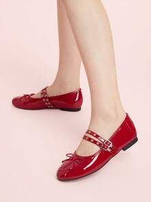 CUCCOO DOLLMOD Sepatu Wanita dengan Pita, Ujung Bulat, Sol Datar, Nyaman, Gaya Vintage, Satin, Warna Burgundy, Cocok untuk Kencan Sehari-hari - Merah - View 4