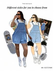 Dripcurv Plus-Size Women's Blue Retro Jumpsuit, Street-Style Preppy Denim Overalls Shorts, New Year's Outfit - Medium Wash - View 8