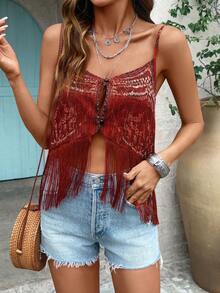 Balvessa Women's Vacation Floral Print Tassel Camisole, Spring/Summer - Burnt Orange - View 7