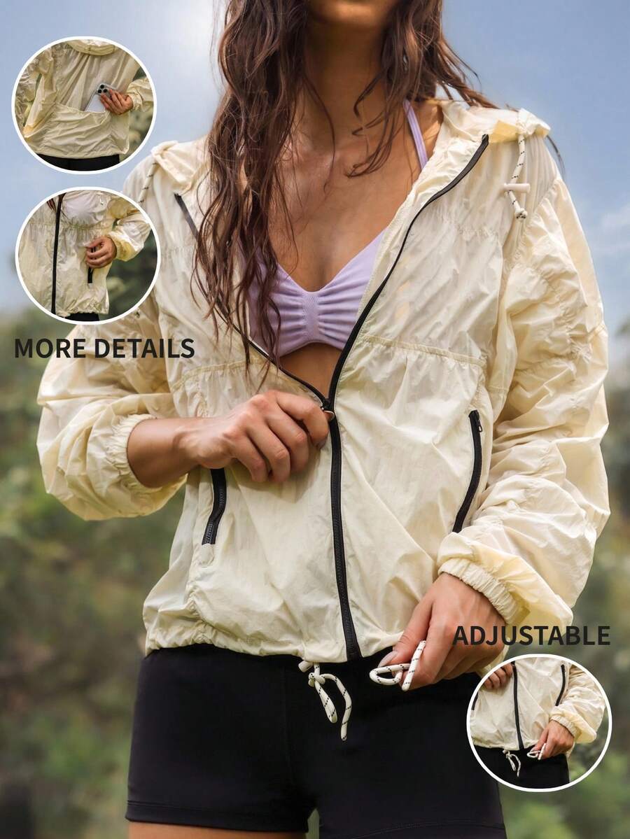 WanderVale Chaqueta casual con capucha con cordón y cremallera, versátil y ligera para uso diario
