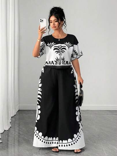 GlowEve CURVE 大码女式两件套印花休闲套装，宽松短袖T恤和阔腿裤，春夏款