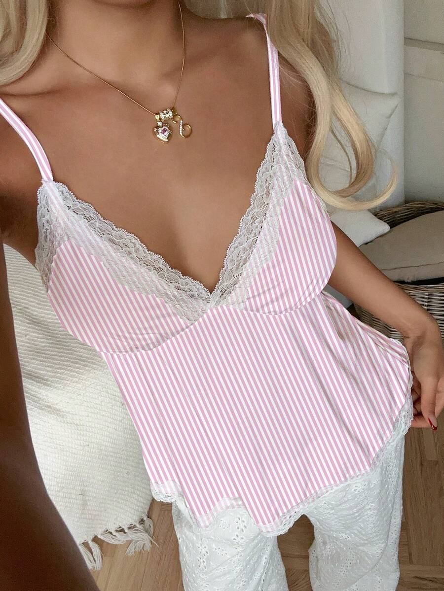 SHEIN CovetEZ Áo tank top ôm sát dáng babydoll ren phối ren, kiểu dáng thường ngày, thích hợp mặc hàng ngày. - Màu xanh hải quân - Xem 1