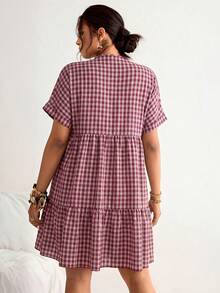 Freevana Plus Size Plaid Batwing Sleeve Ruffle Hem Loose Dress, Beach Dress, Bohemian Style For Vacation - Red Violet - View 2