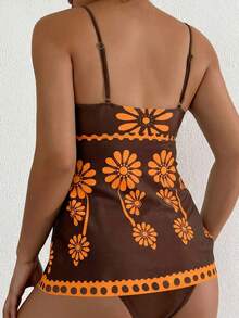 SHEIN Swim 2pcs Women's High Elasticity Green Floral Print Bikini Set, Includes Floral Print Bandeau Top And Solid Color Triangle Bottom, Elegant Bikini Set For Spring/Summer Beach Party - Multicolor - View 2