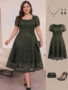 SHEIN Clasi Plus Size Solid Color Square Neck Short Sleeve Elegant Dress, Summer - Army Green - View 1