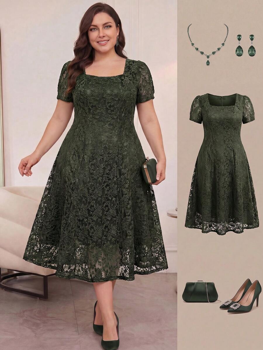 SHEIN Clasi Plus Size Solid Color Square Neck Short Sleeve Elegant Dress, Summer - Army Green - View 1