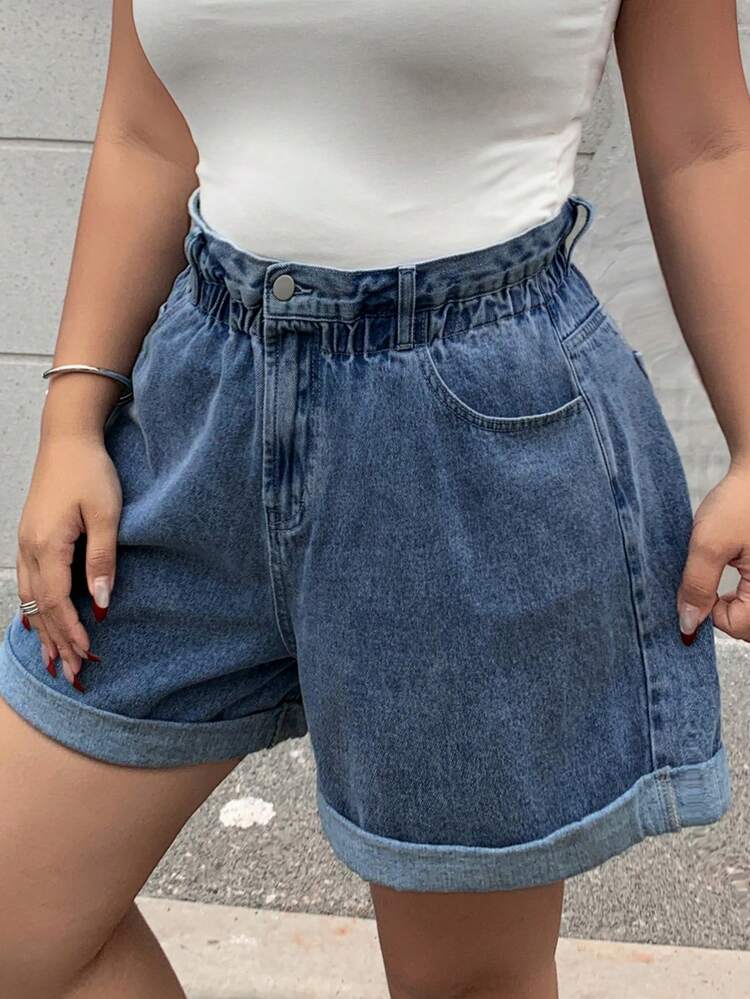 Dazy Plus Elastic Waist Loose Wide Leg Cuffed Washed Blue Denim Shorts, Summer