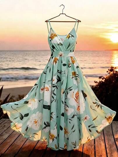 GlowEve CURVE Große Größen gewebtes bedrucktes modisches und elegantes Damenkleid, Sommer Urlaub Damen Trägerkleid