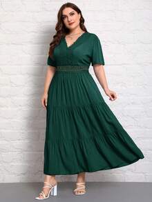 SHEIN VCAY Plus Size Casual Solid Color Lace Patchwork Dress - Dark Green - View 3