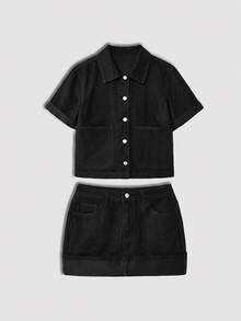 Maija Women's Casual Daily Commute Simple Solid Color Patchwork Pocket Short Sleeve Denim Shirt And Denim Mini Skirt Set, Summer - Black - View 4