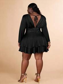CurvyTilda Plus Size Black Satin Deep V-Neck A-Line Dress Suitable For Parties And Dates Christmas Party Dress Mini Dress, Halloween Women Winter Women Dress, Long Sleeve Dress, New Year Eve Dress, Thanksgiving, Holiday, Wedding, Night Out, Black, For Hourglass Body Shape - Black - View 2
