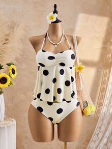 Bộ đồ bơi nữ in họa tiết hình học, kiểu dáng yếm nhún bèo, gồm áo tankini và quần tam giác, thích hợp cho kỳ nghỉ hè. - Màu be - Xem 4