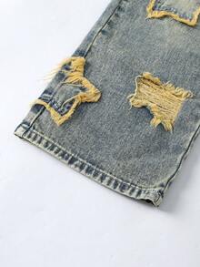 Tween Girls' Retro Casual Fashionable Blue Distressed Patch Five-Pointed Star Embroidery Straight Leg Jeans, Vacation & Leisure Style - Blue - View 4