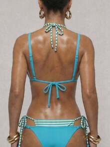 SHEIN BAE Áo bikini nữ gợi cảm hở lưng, buộc dây phía trước, phối sọc, kiểu dáng đi biển. - Màu xanh lam - Xem 3