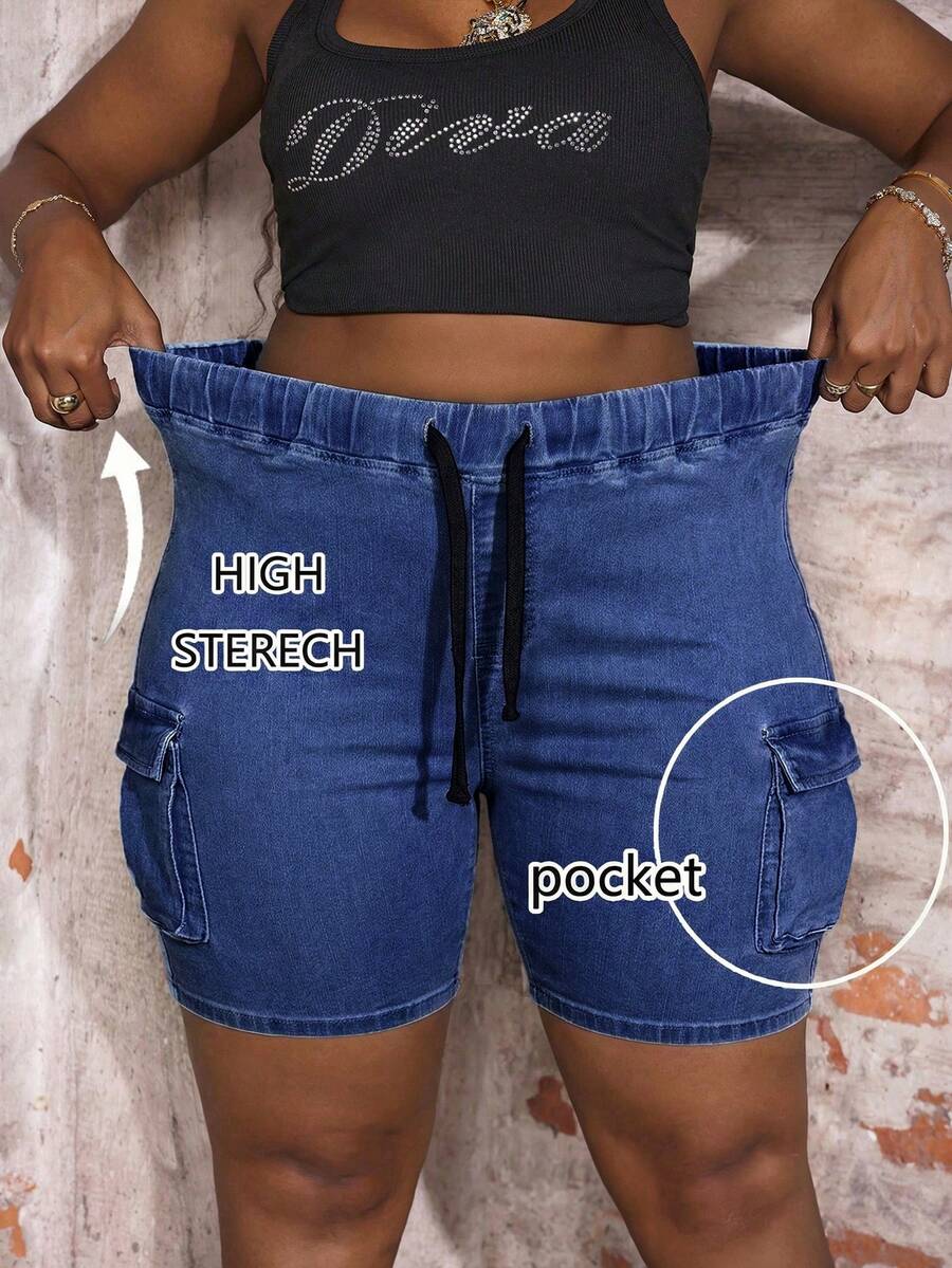 Slaydiva Shorts vaqueros de cargo sexy de cintura alta y silueta ajustada para tallas grandes - Azul lavado oscuro - Ver 1
