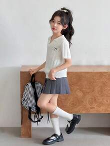 Dazy Kids Tween Girls' Bow Embroidery Short Sleeve Casual Knit Top - Beige - View 3