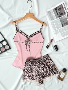 ZzzCrew 2 piezas Conjunto de pijama de mujer con estampado de leopardo y parches con lazo - Multicolor - Ver 7