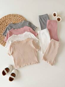SHEIN 8pcs/Set Pakaian Musim Panas Bayi Perempuan Warna Pink dan Putih, Kasual, Setelan Keluarga yang Serasi, Baju Lengan Pendek dan Celana Pendek Bergaris Lucu, Pakaian Bayi Baru Lahir Unisex Warna Netral - MultiWarna - View 6