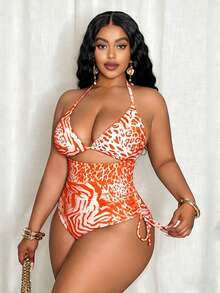 SHEIN Slayr CURVE Bộ đồ bơi liền thân cỡ lớn dành cho nữ, họa tiết da báo, kiểu tam giác và quần buộc dây bên hông, thích hợp cho kỳ nghỉ biển. - trái cam - Xem 4