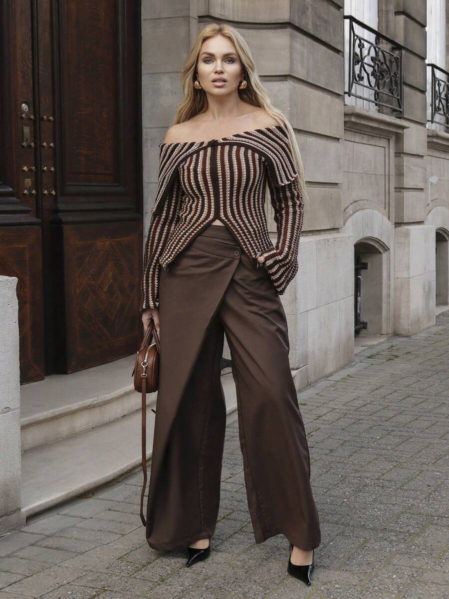 Elenary Edit 女士不对称休闲阔腿裤女士时尚办公室通勤百搭高腰高端不对称阔腿西装裤 - 棕色 - 查看 1