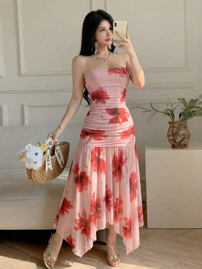 Celisse 粉色优雅连衣裙，抹胸无肩带设计，不规则下摆，适合生日等场合，扎染印花，夏季度假必备