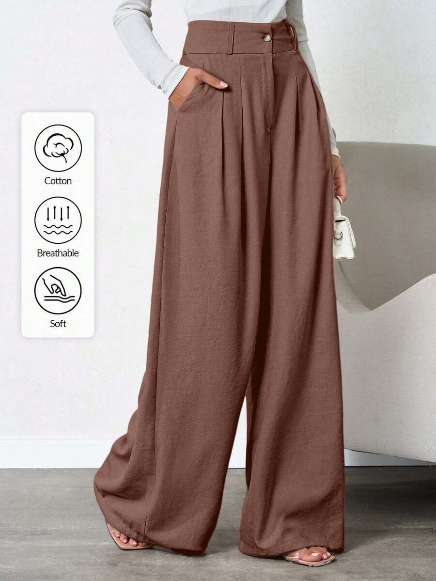 SHEIN Tall 女士纯色深褶亚麻裤 - 棕色 - 查看 1