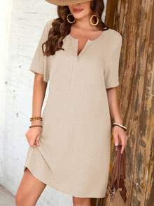 EMERY ROSE Casual Vacation Comfortable Short Sleeve Epaulet Decor Button Front Dress, Suitable For Women In Spring/Summer Vacation Beige - Apricot - View 4