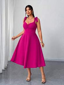 Elenzga Plus Size Women's Elegant Romantic Ruched A-Line Camisole Dress, Red, Spring/Autumn - Hot Pink - View 1