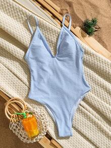 Swim Mod Women's Striped Special Fabric Adjustable Spaghetti Strap Backless High Leg One-Piece Swimsuit For Vacation - Blue and White - View 3